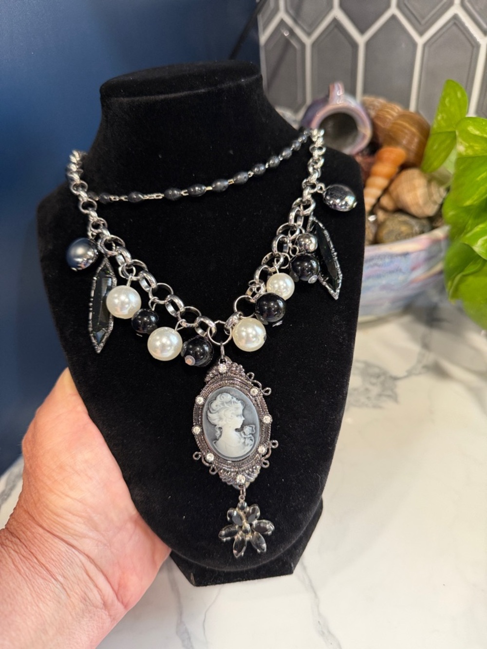 Vintage-Inspired Black and White Cameo Pendant Necklace - Women Jewelry. 22 in.
